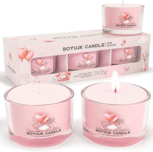 BOYUJK Scented Candles Gift Set for Anxiety | 3 Scented Filled Votive Candles | Relaxation Gifts for Women (Pink Season Collection)