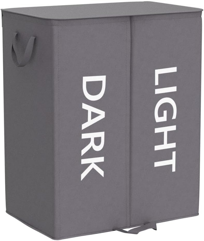 Lifewit 136L Double Laundry Hamper with Lid and Removable Laundry Bags, Large Divided Hamper, Collapsible 2 Section Laundry Basket with Handles for Bedroom, Bathroom, College Dorm, Laundry Room, Grey