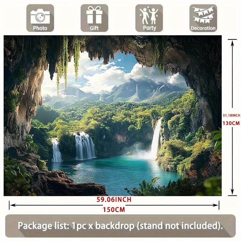 1pc Tropical Forest & Waterfall Party Banner - Vibrant Polyester Backdrop with Lush Greenery, Misty Mountains, and Serene Blue Waters for Home, Room, or Wall Decor - Perfect for All Seasons Photo Props and Party Supplies, Outdoor Deco