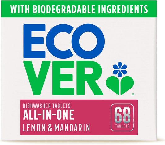 Ecover All in One Dishwasher Tablets, Contains Salt & Rinse Aid, Powerful Cleaning, Fresh Lemon & Mandarin Scent, Pack of 1, 68 Tablets