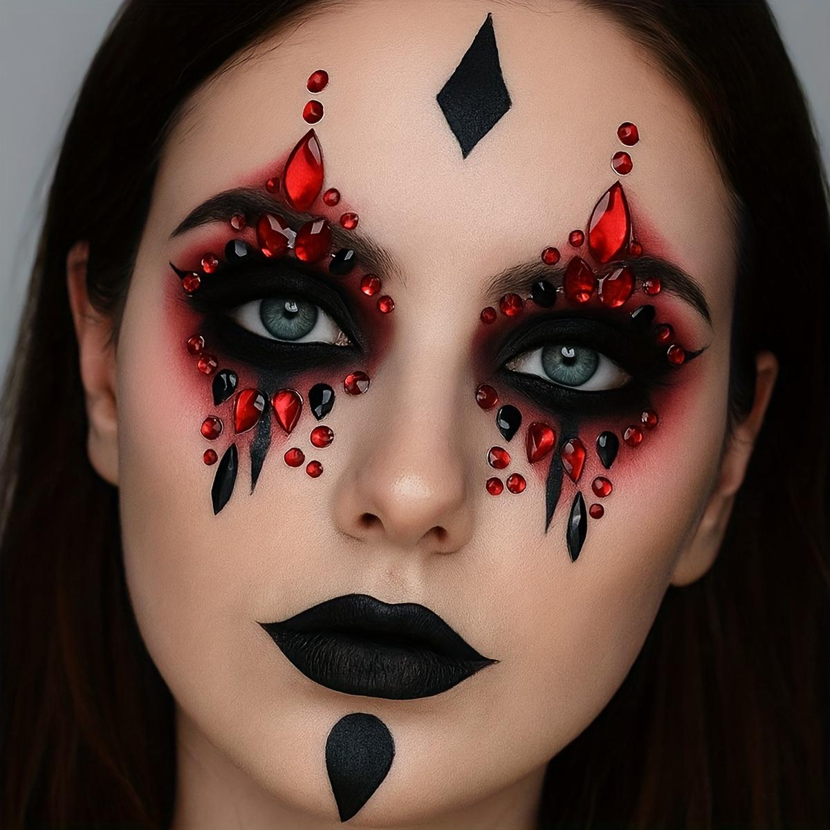 Sparkling Red Rhinestone Temporary Tattoo Patch Easy to Apply & Remove Long Lasting Adhesive for Halloween Costume Parties Gothic Makeup Reusable Face Decoration for DIY Beauty Looks Festival Accessories