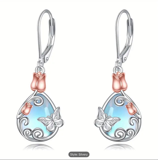 925 Sterling Silver Butterfly Leverback Moonstone Dangle Earrings Women Gift Set