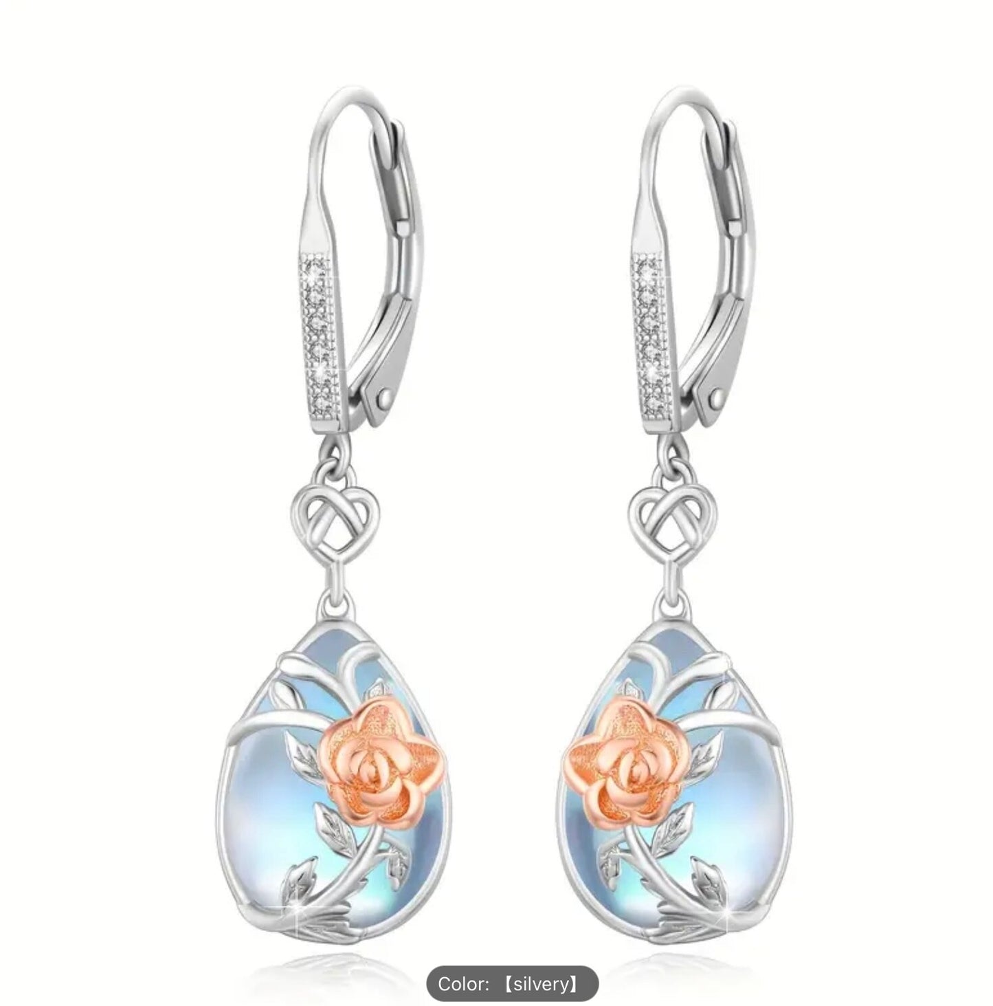 925 Silver Rose Moonstone Teardrop CZ Dangle Earrings–Women Hypoallergenic Gift