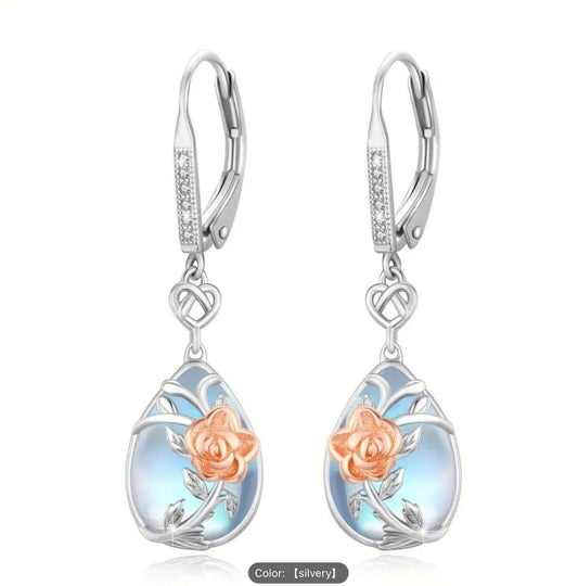 925 Silver Rose Moonstone Teardrop CZ Dangle Earrings–Women Hypoallergenic Gift