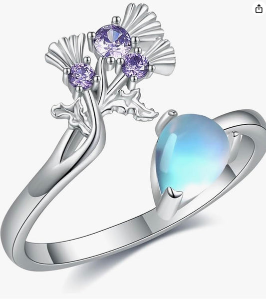 925 Sterling Silver Adjustable Flower Ring Moonstone Women Girls Gift Jewellery