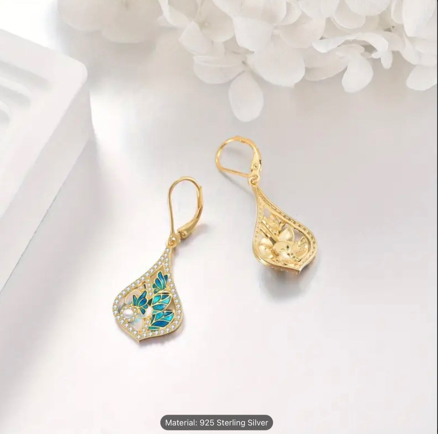 Luxury Earrings 925 Sterling Silver Dangle Drop Enamel Leaf Pearl Women Gift Set