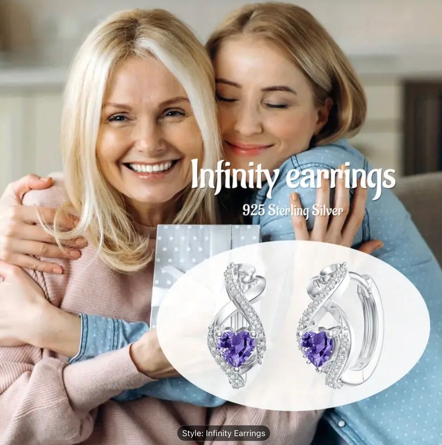 925 Sterling Silver Infinity Heart Purple CZ Huggie Hoop Earrings for Women Gift