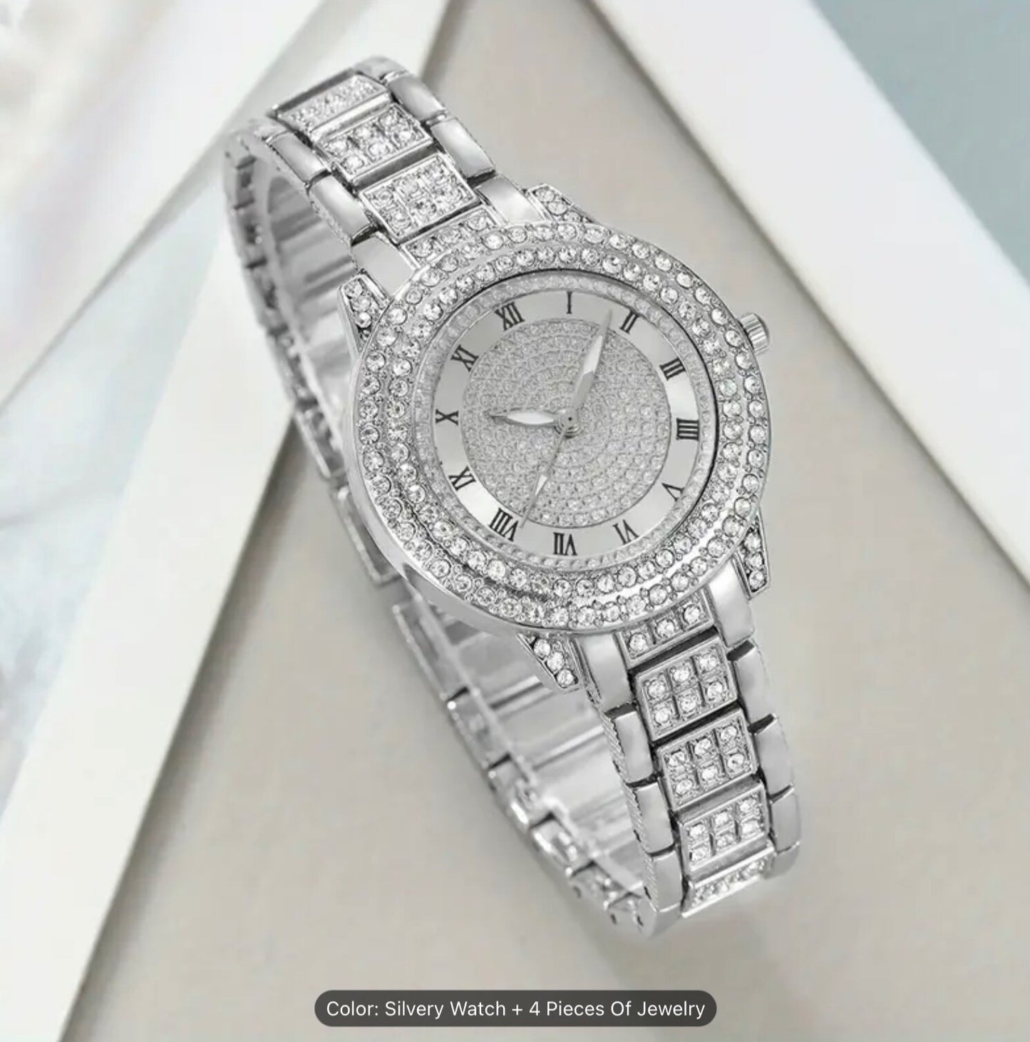 Elegant Women Girls Round Quartz Watch & 4pc Jewellery Set – Fashion Style Gift