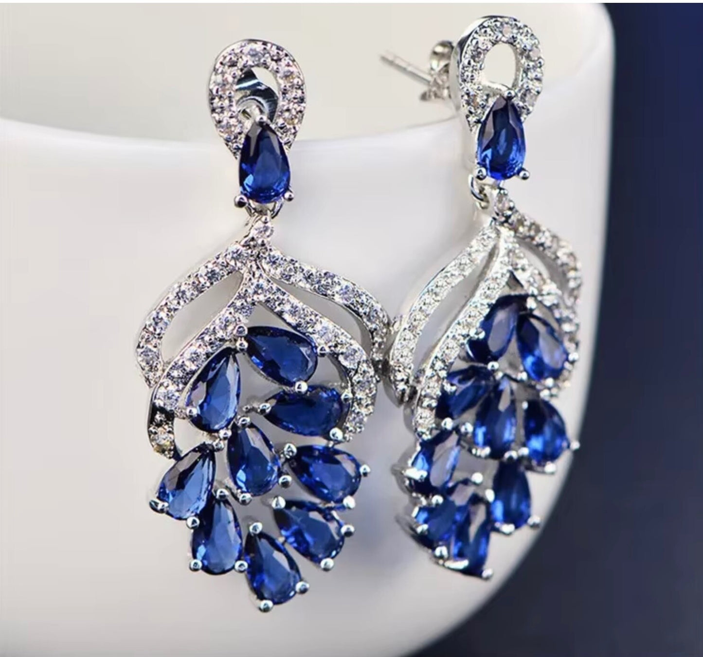 Handmade Grape Flower Drop Earrings 3.5cm Blue Green Cubic Zirconia Bridal Women
