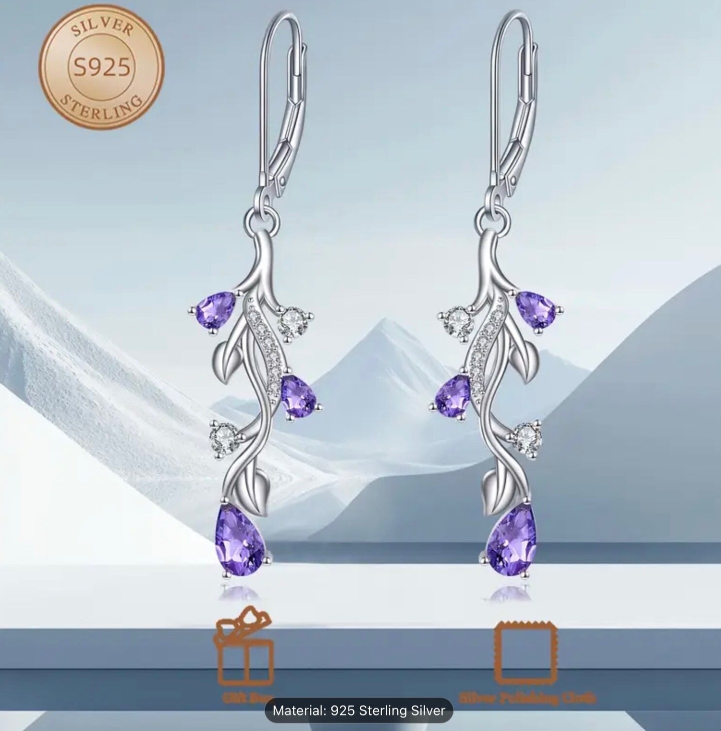 Sterling Silver Tulip Flower Teardrop Earrings Purple Cubic Zirconia Dangle Gift