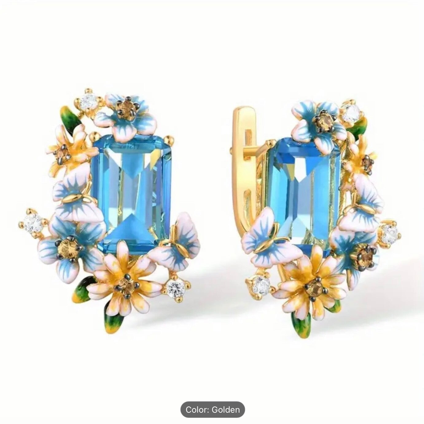 Ocean Blue Floral Drop Earrings Brass Epoxy Ocean-Blue CZ Lightweight Trendy Hoo