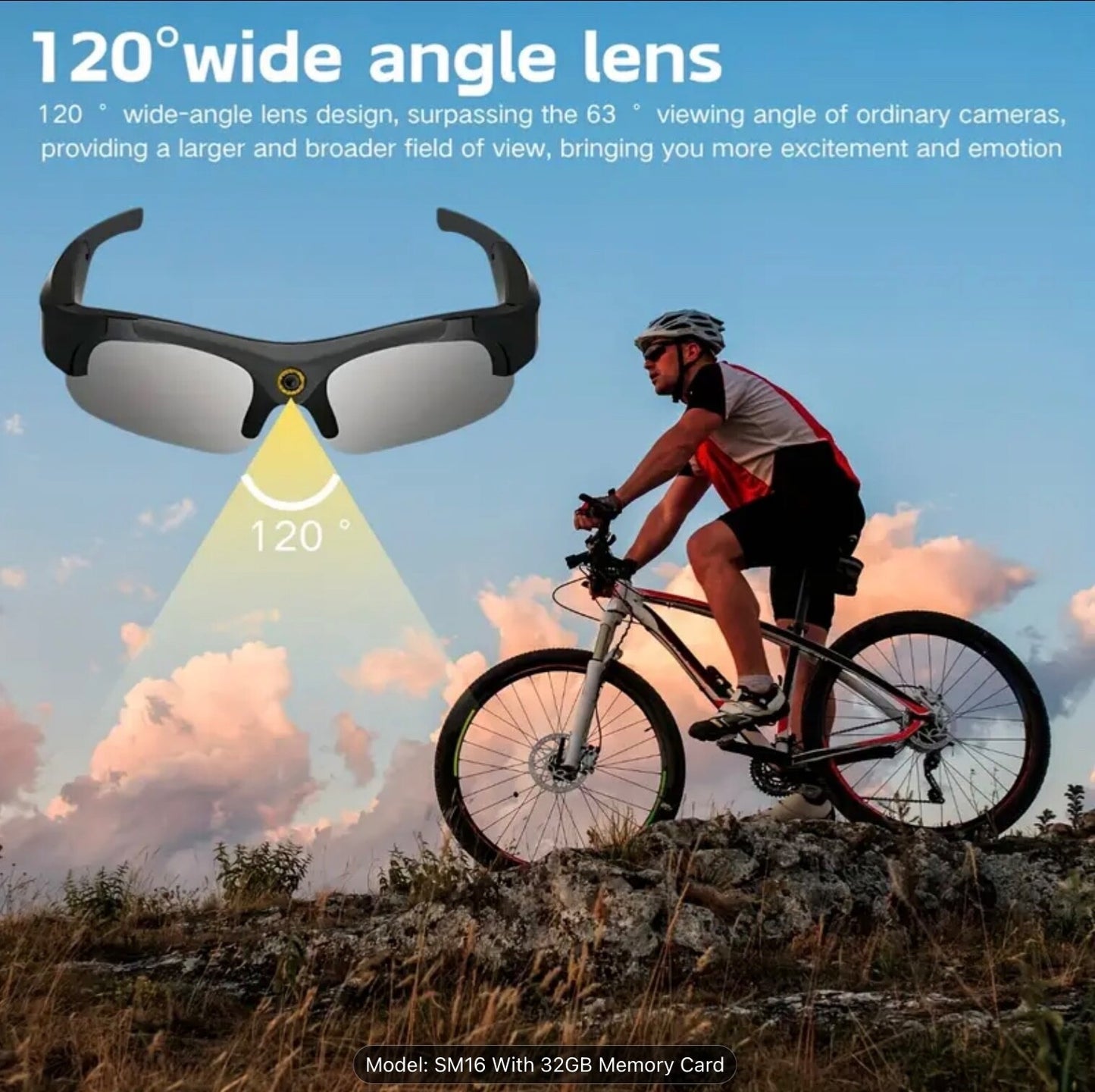Smart HD wireless Video Glasses 32GB Card 120° Lens 180 Min Battery Waterproof
