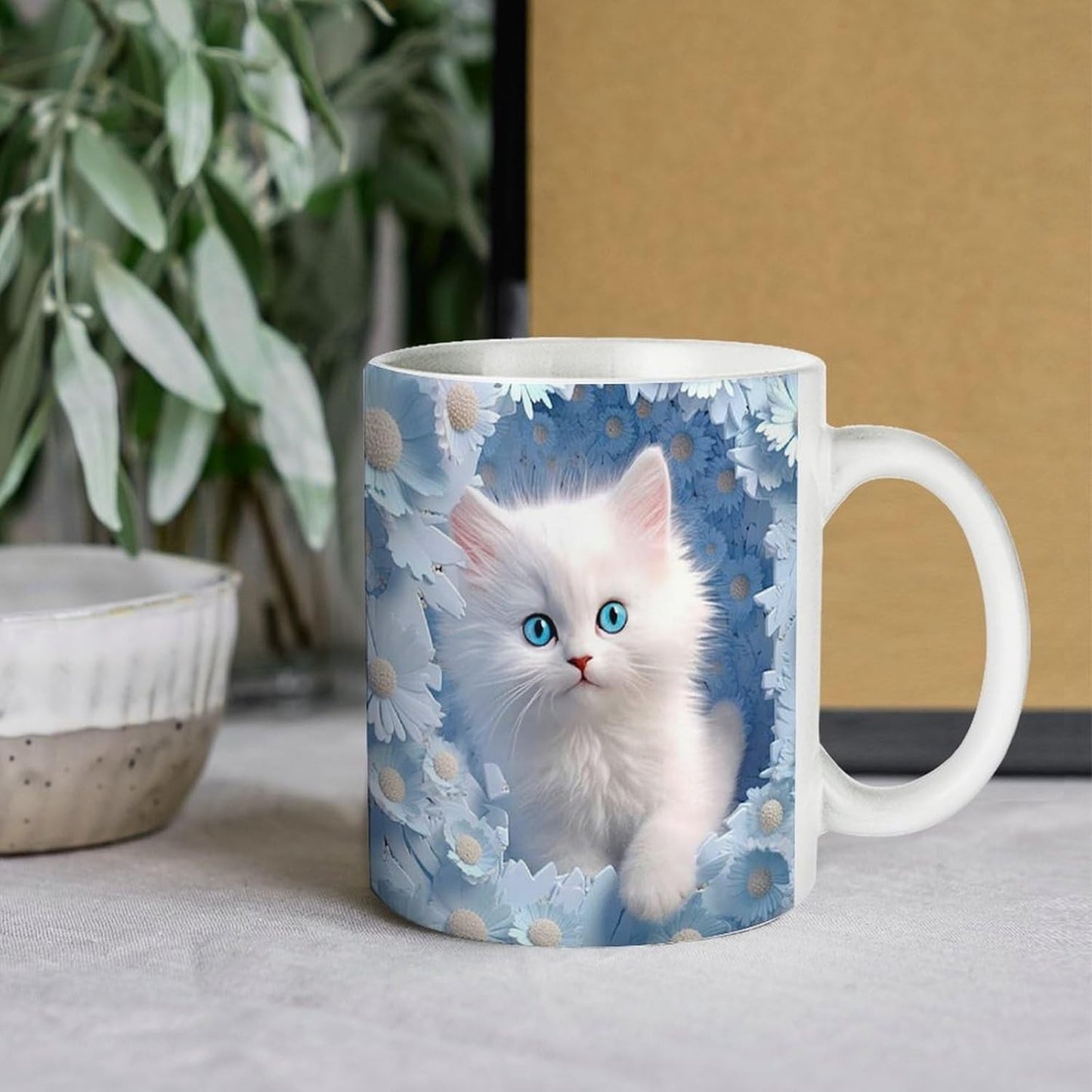 3D Cat Hole in Wall Coffee Mug Tea Cup with Handle Flowers Theme Gift Reusable