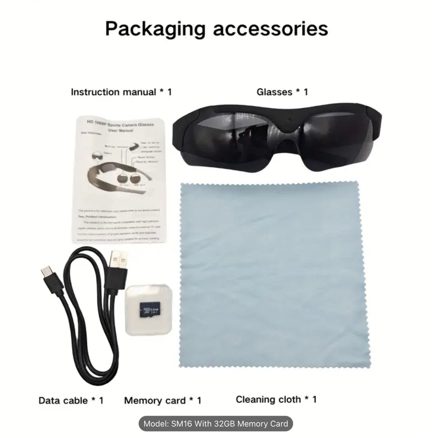 Smart HD wireless Video Glasses 32GB Card 120° Lens 180 Min Battery Waterproof