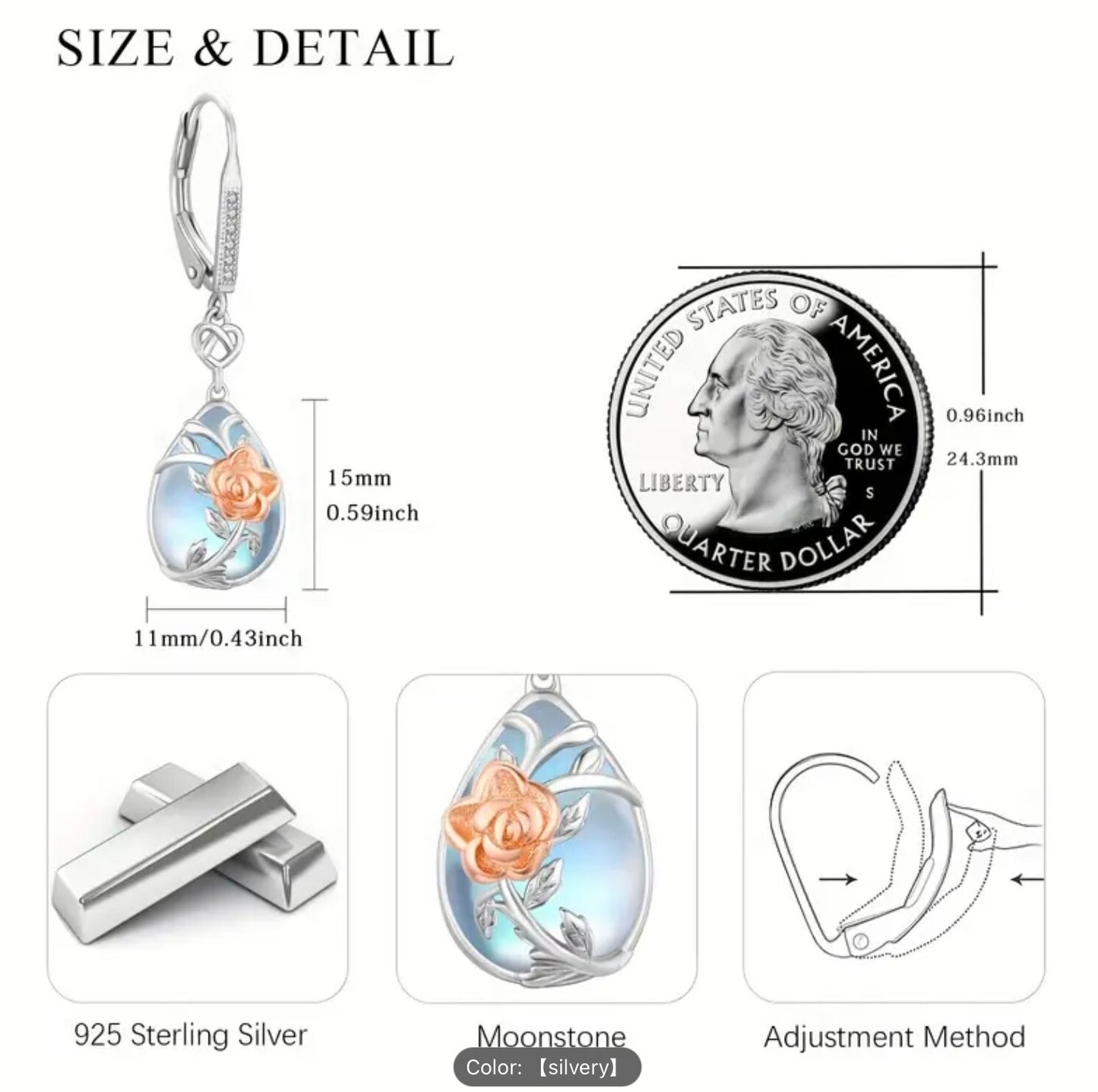 925 Silver Rose Moonstone Teardrop CZ Dangle Earrings–Women Hypoallergenic Gift