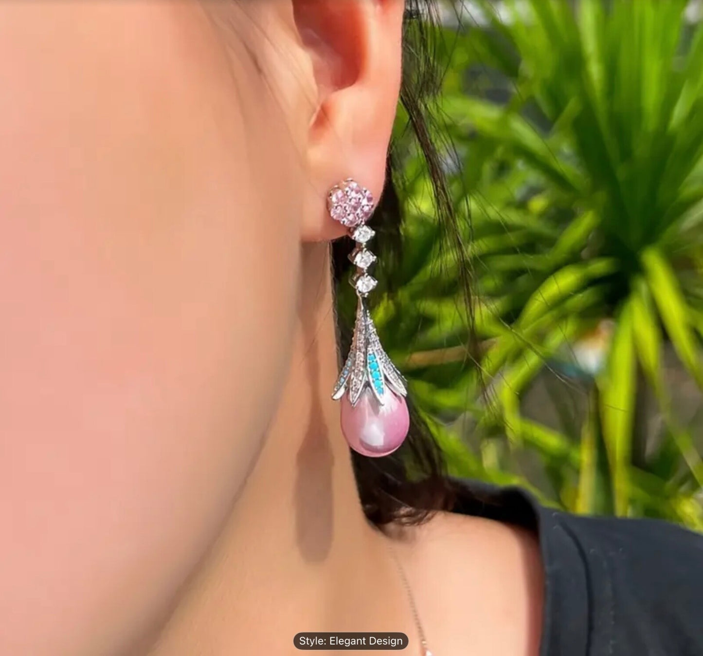 Shiny 925 Sterling Silver CZ Pink Pearl Drop Earrings Women Girls Gift Jewellery