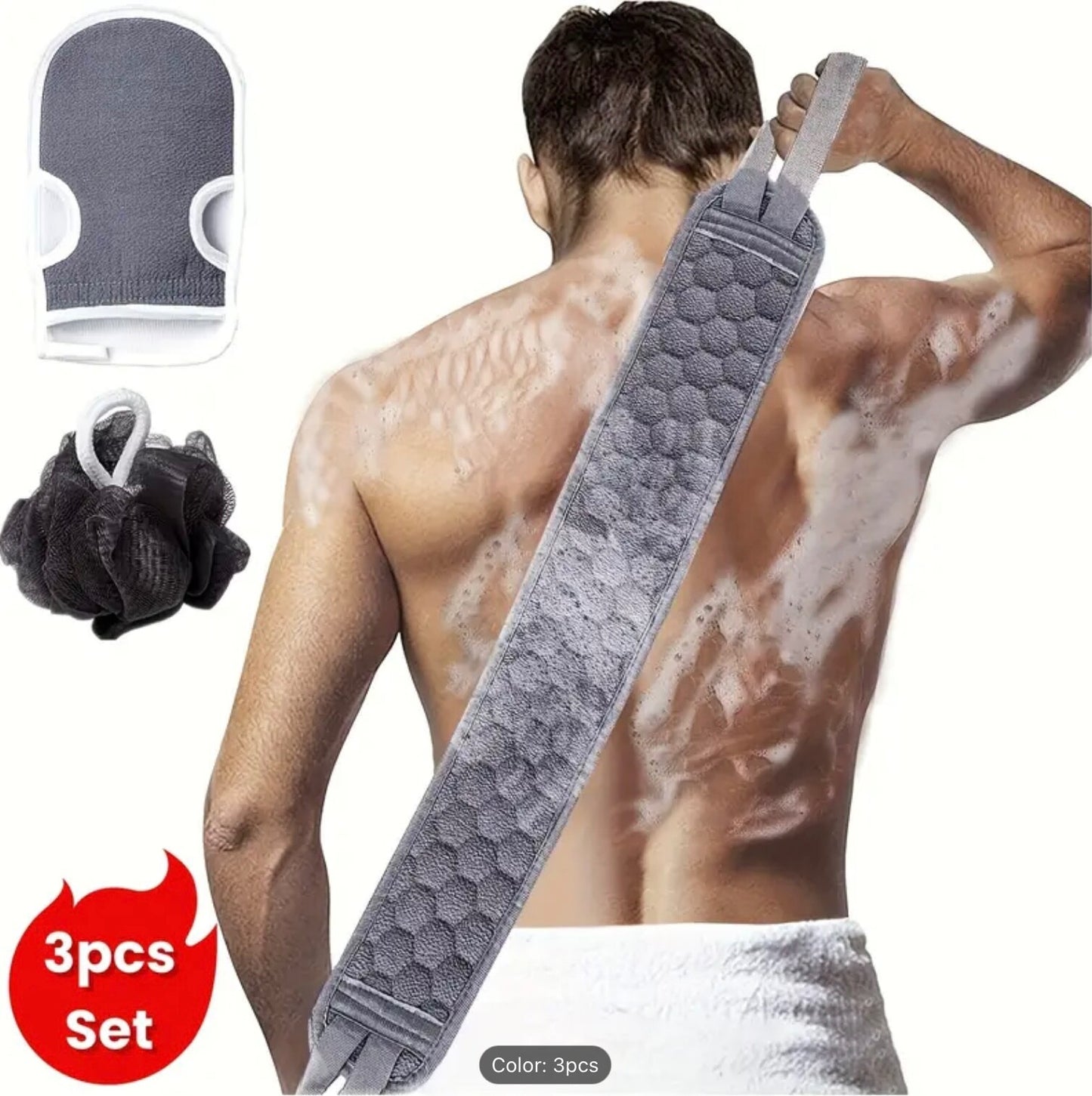 3-Pc Exfoliating Bath Set: Loofah, Glove & Back Scrubber – Spa Shower Essentials