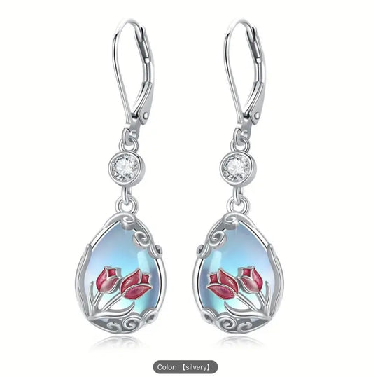 925 Silver Tulip Moonstone Teardrop CZ Dangle Earrings–Hypoallergenic Ideal Gift