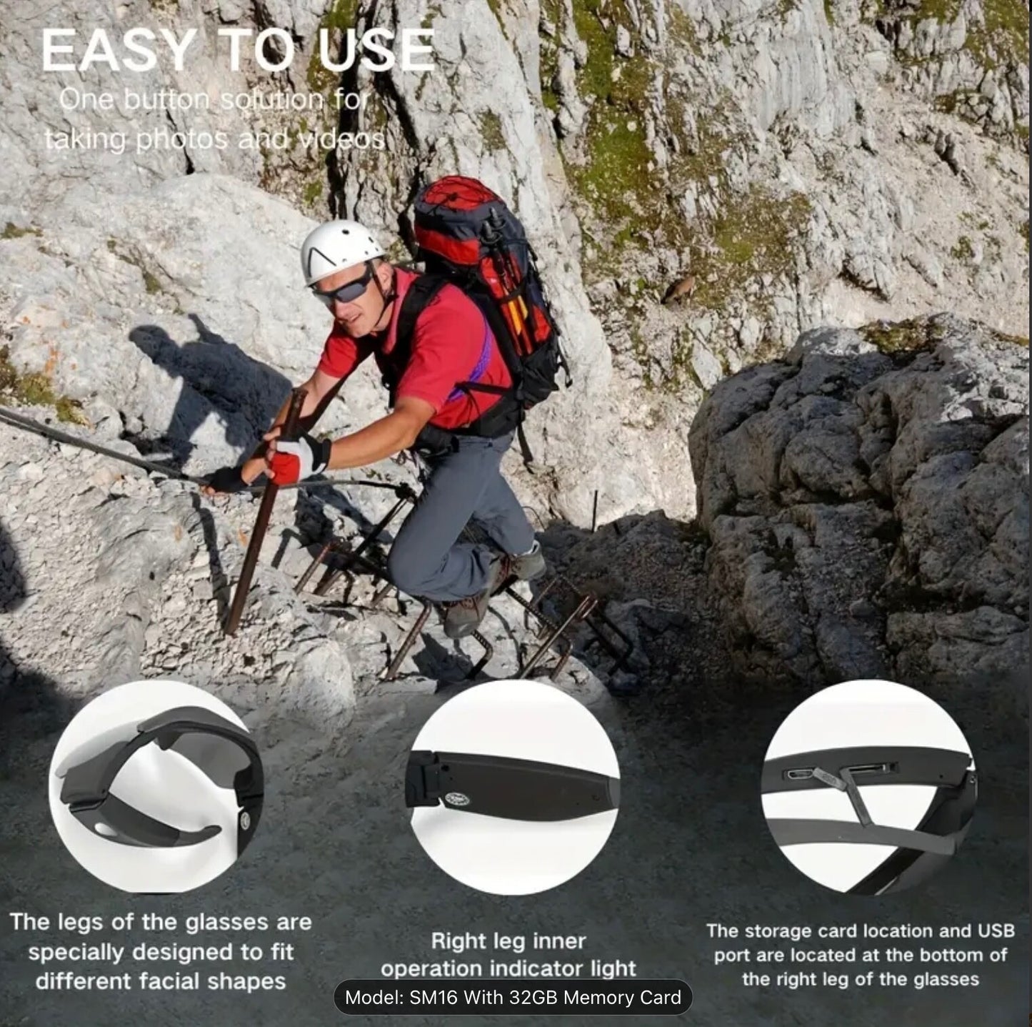 Smart HD wireless Video Glasses 32GB Card 120° Lens 180 Min Battery Waterproof