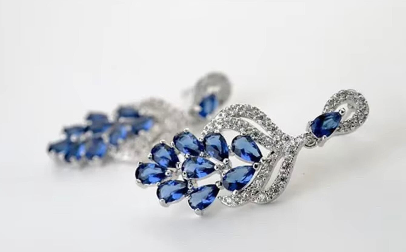Handmade Grape Flower Drop Earrings 3.5cm Blue Green Cubic Zirconia Bridal Women