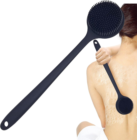 Silicone Shower Brush Scrubber Body Back Exfoliate Bath Long Handle Double Sided