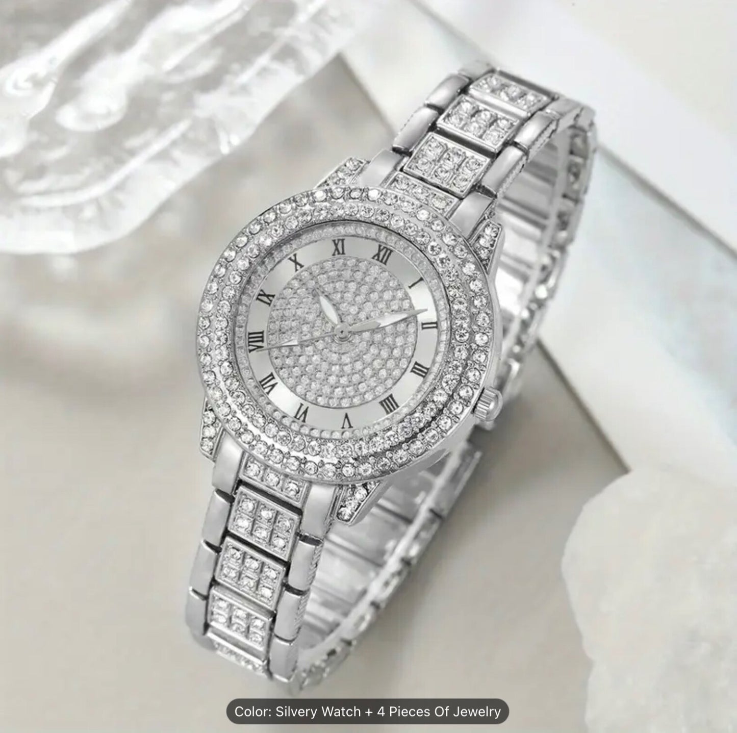 Elegant Women Girls Round Quartz Watch & 4pc Jewellery Set – Fashion Style Gift