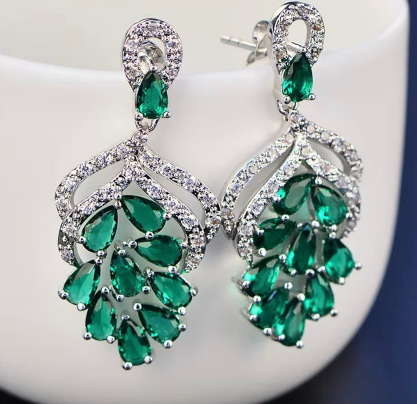 Handmade Grape Flower Drop Earrings 3.5cm Blue Green Cubic Zirconia Bridal Women