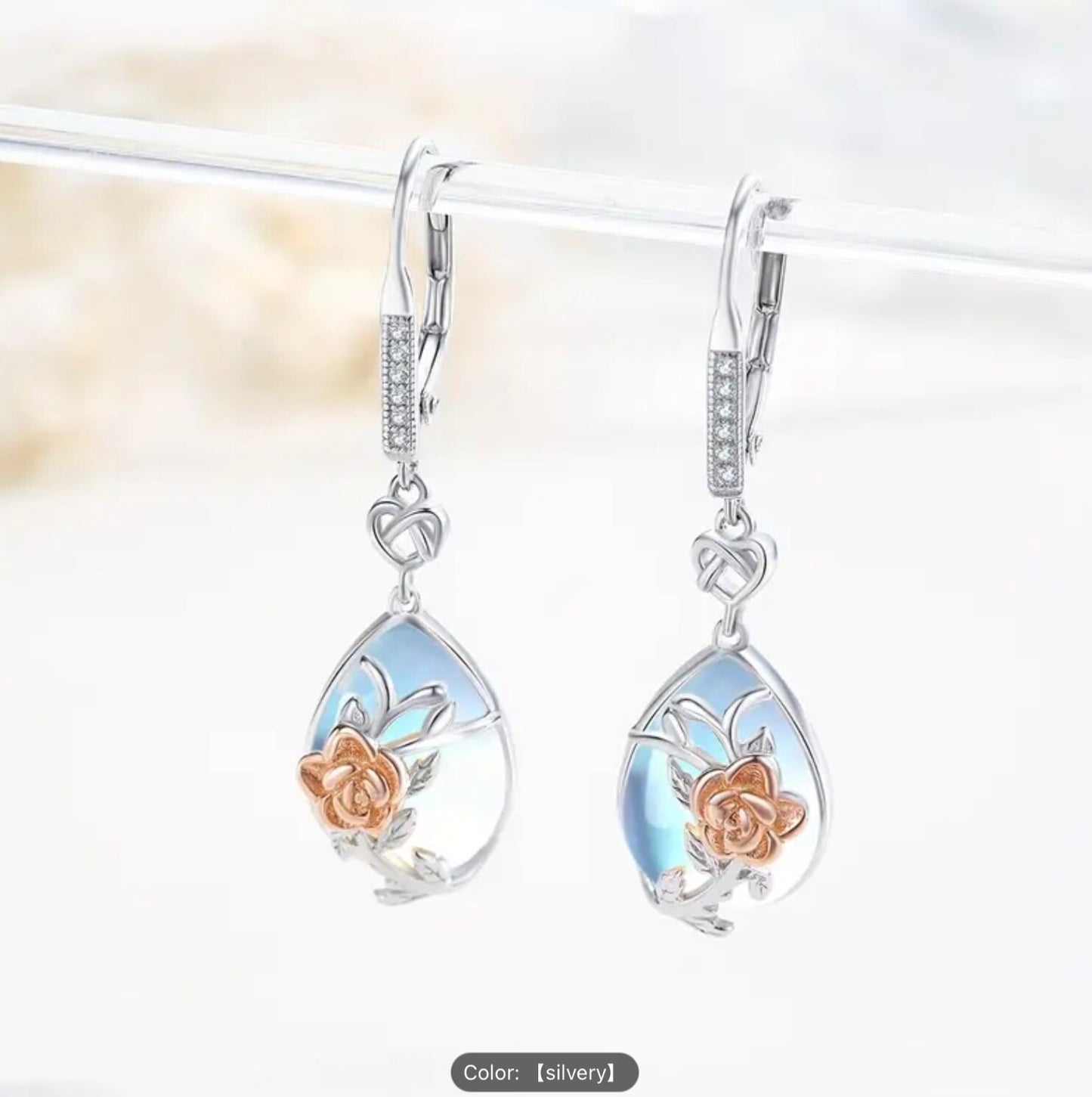 925 Silver Rose Moonstone Teardrop CZ Dangle Earrings–Women Hypoallergenic Gift