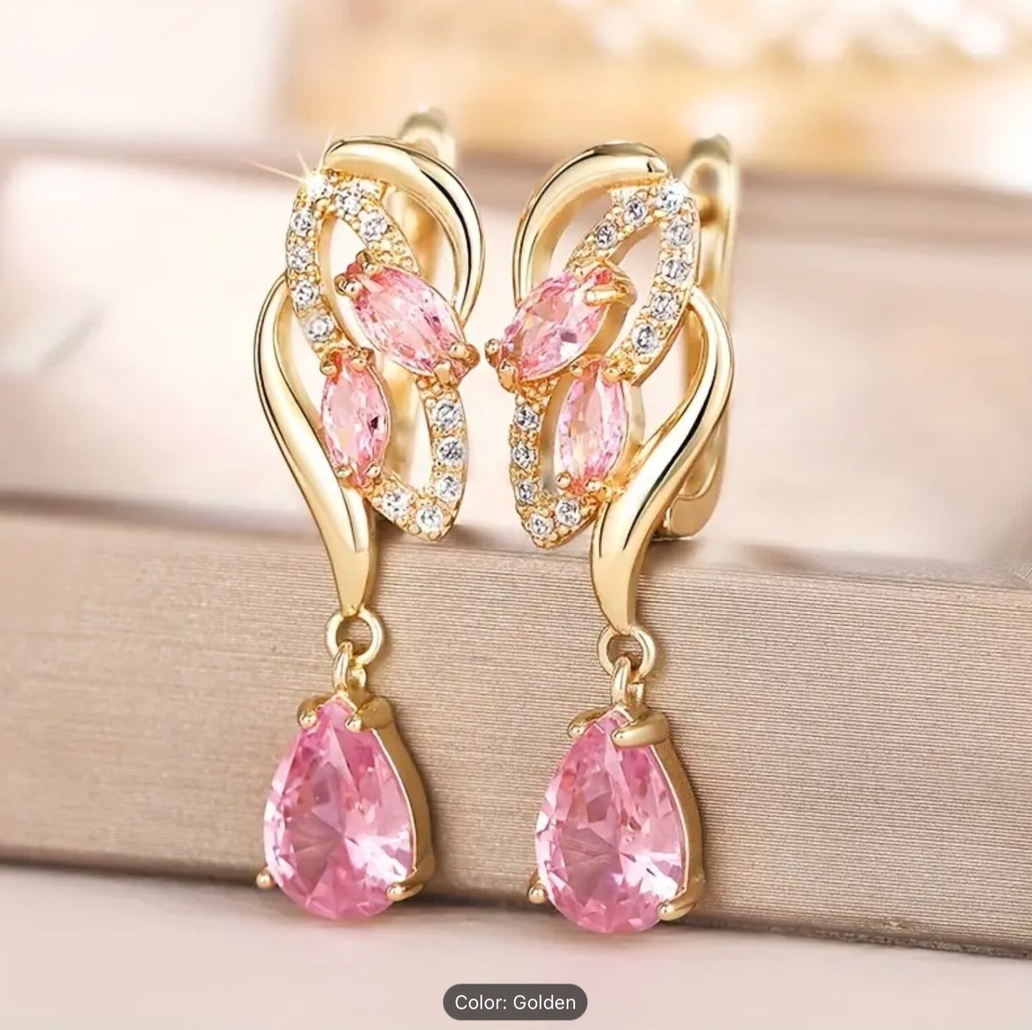 Romantic Pink Teardrop Zirconia Dangle Earrings – Gold-Tone Finish, Party-Gifts