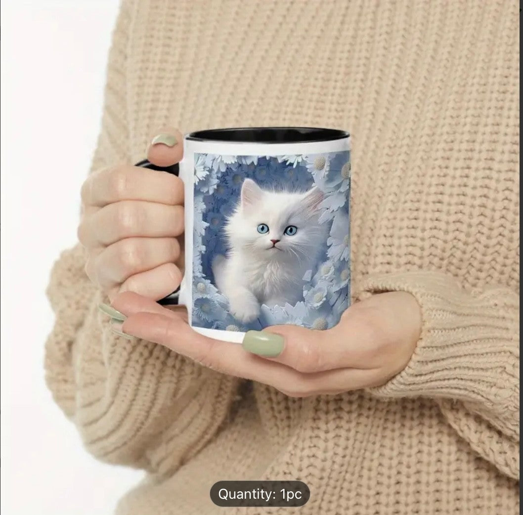 3D Cat Hole in Wall Coffee Mug Tea Cup with Handle Flowers Theme Gift Reusable
