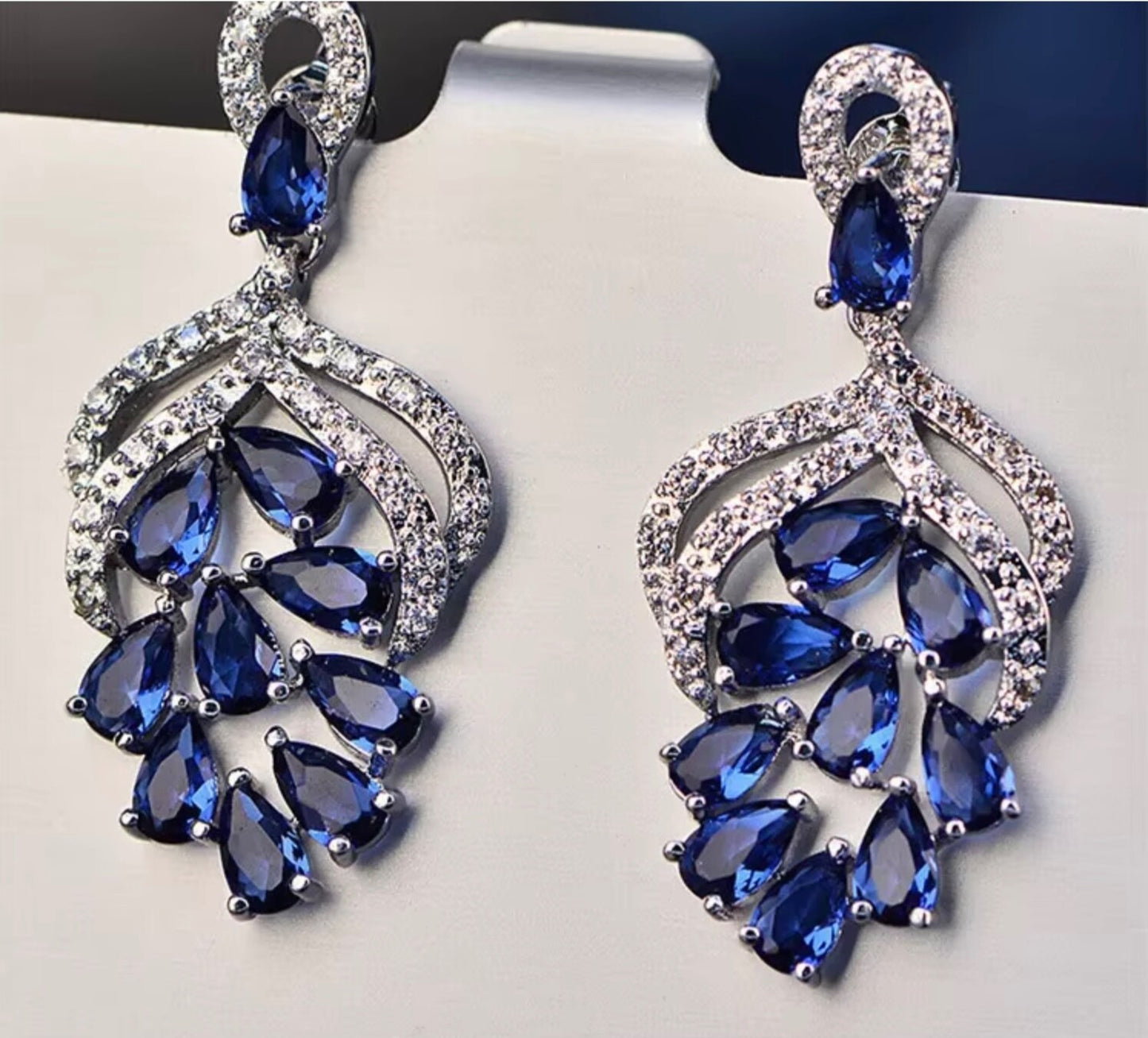 Handmade Grape Flower Drop Earrings 3.5cm Blue Green Cubic Zirconia Bridal Women