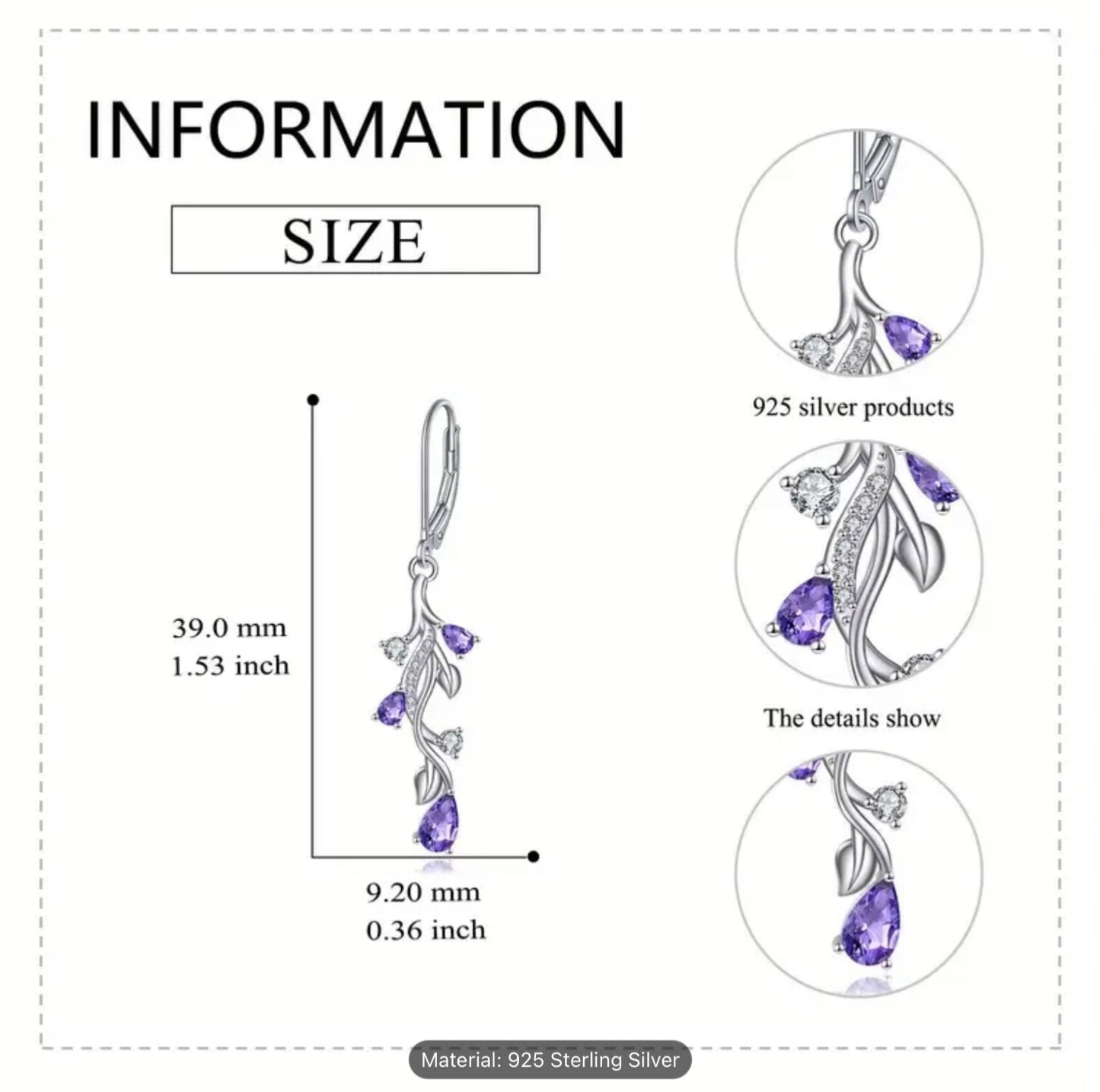 Sterling Silver Tulip Flower Teardrop Earrings Purple Cubic Zirconia Dangle Gift