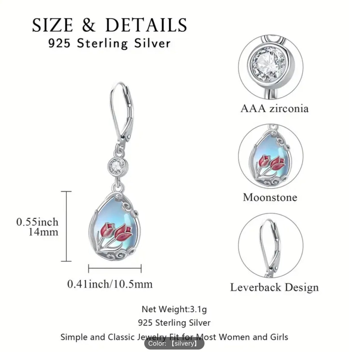 925 Silver Tulip Moonstone Teardrop CZ Dangle Earrings–Hypoallergenic Ideal Gift