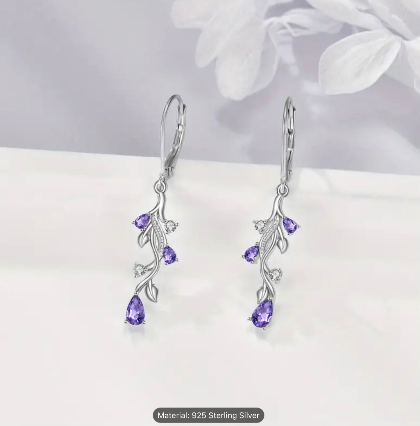 Sterling Silver Tulip Flower Teardrop Earrings Purple Cubic Zirconia Dangle Gift