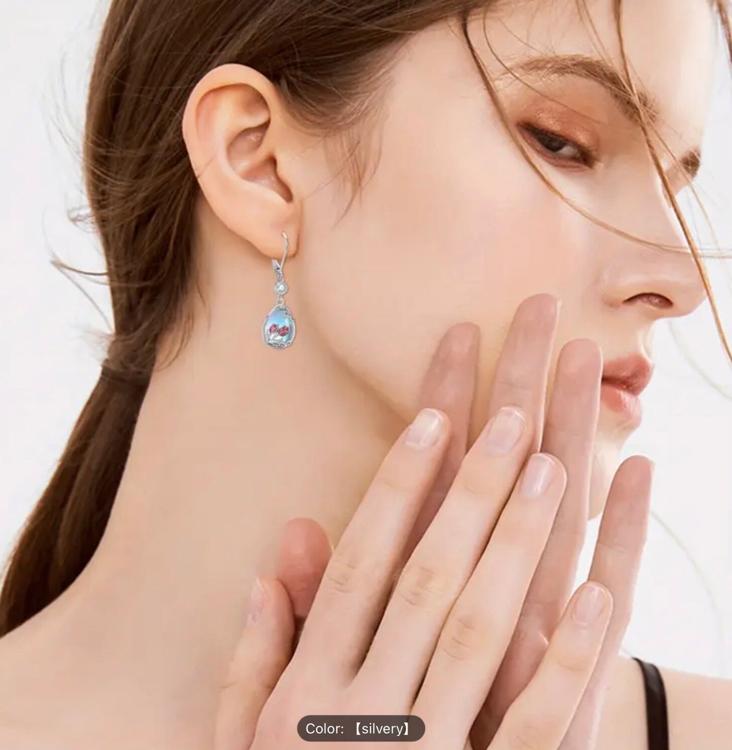 925 Silver Tulip Moonstone Teardrop CZ Dangle Earrings–Hypoallergenic Ideal Gift
