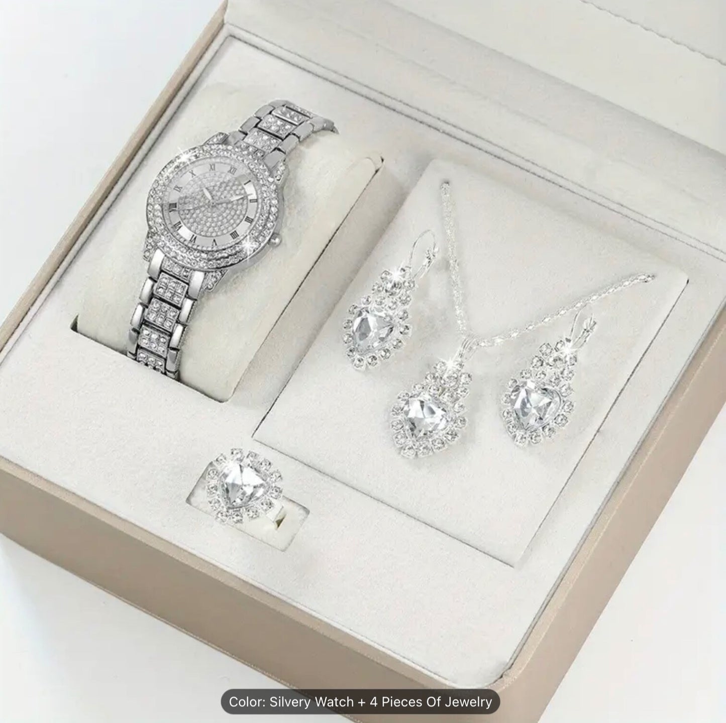 Elegant Women Girls Round Quartz Watch & 4pc Jewellery Set – Fashion Style Gift