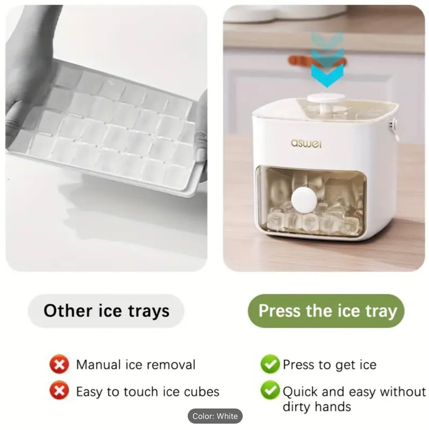 Portable Large Silicone Ice Cube Maker w/Deep Cavity Tray Bin & Scoop Easy Press