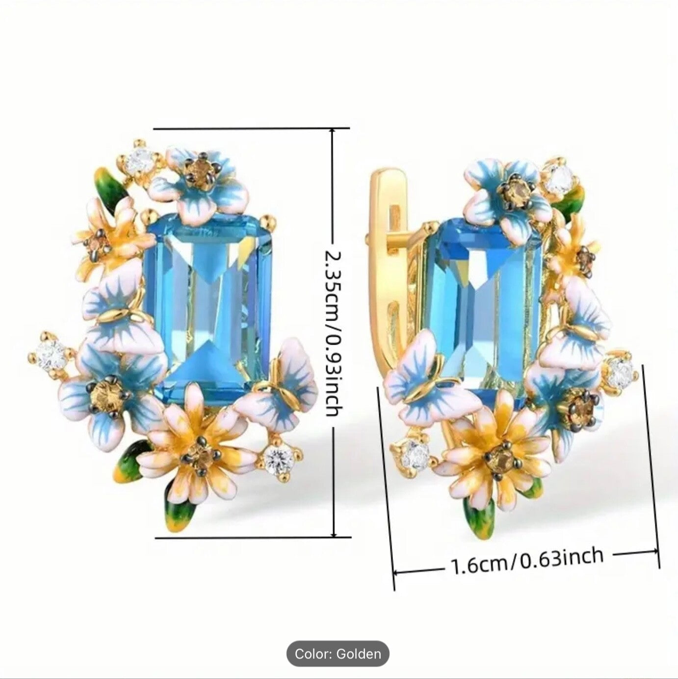 Ocean Blue Floral Drop Earrings Brass Epoxy Ocean-Blue CZ Lightweight Trendy Hoo