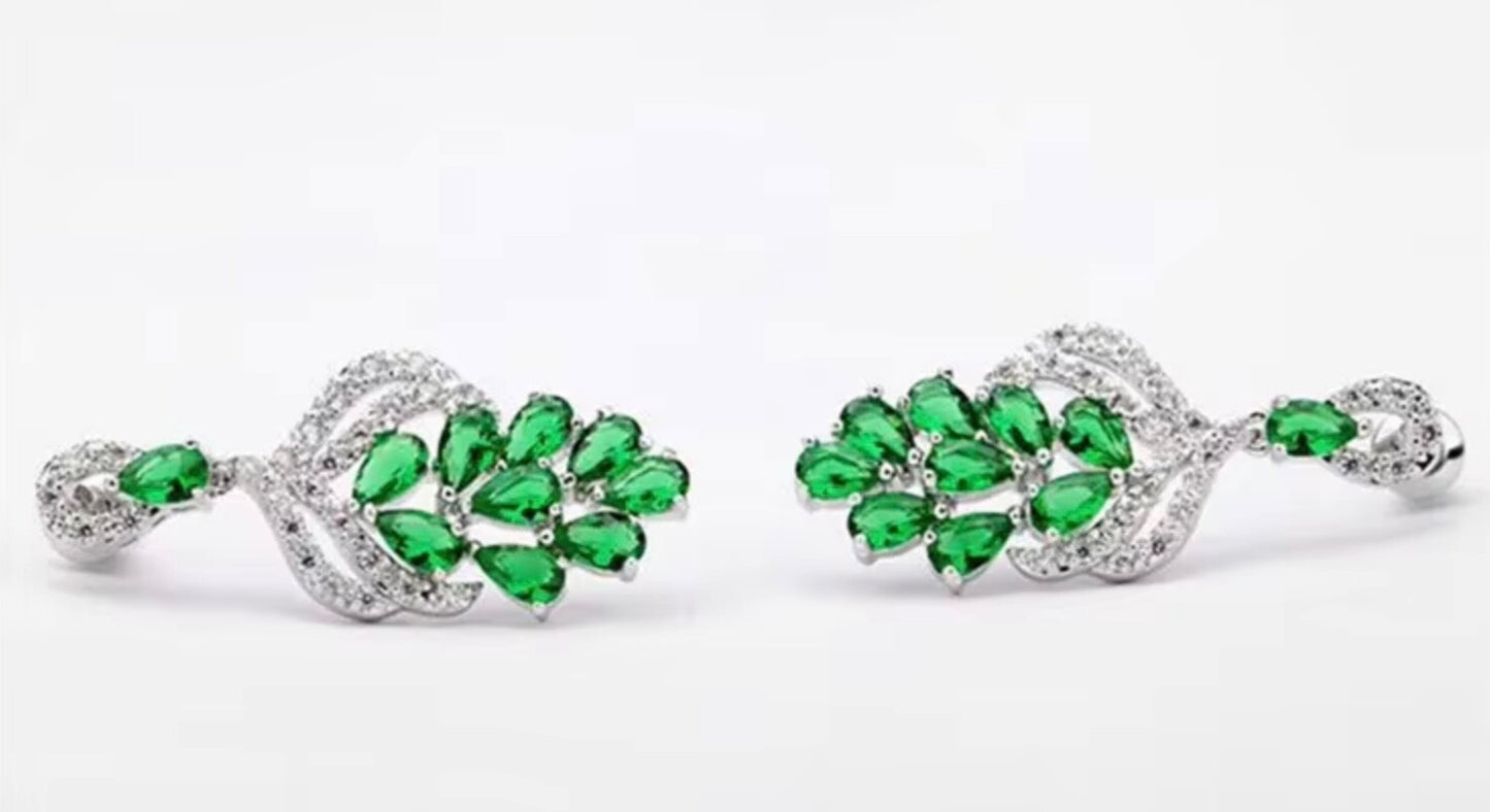 Handmade Grape Flower Drop Earrings 3.5cm Blue Green Cubic Zirconia Bridal Women