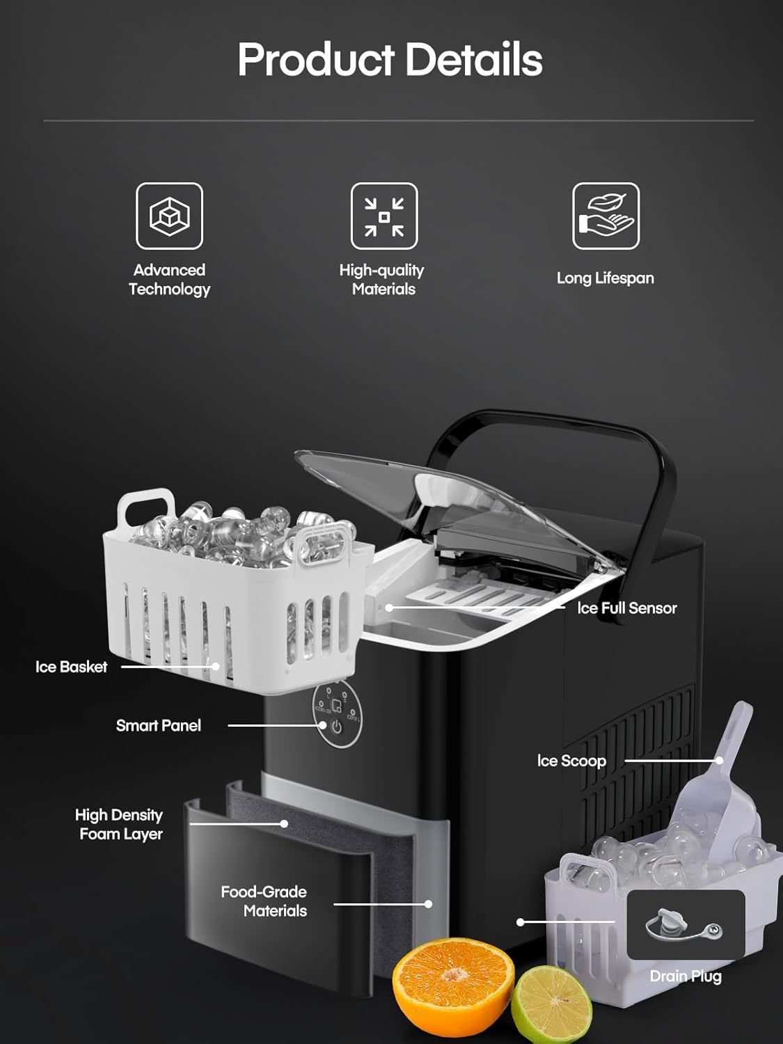 Electric Ice Cube Maker Machine w/handle Portable Automatic Countertop Cocktails