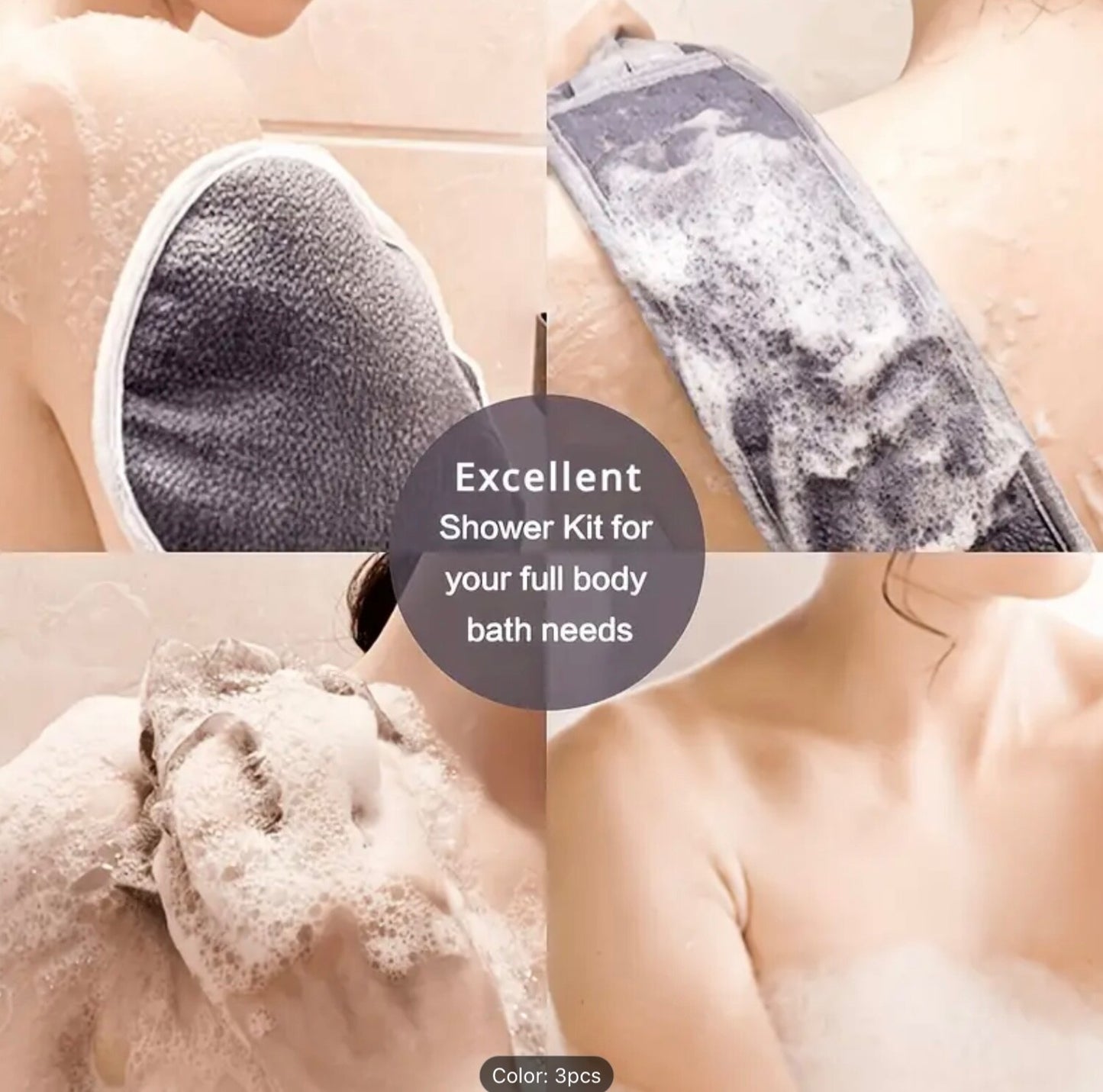 3-Pc Exfoliating Bath Set: Loofah, Glove & Back Scrubber – Spa Shower Essentials