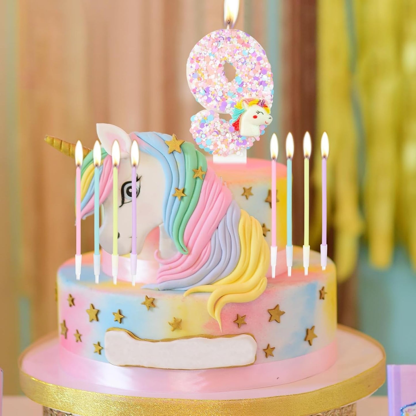 Birthday Decorations Happy Pink Number Unicorn Candles Glitter Cake Girls Party
