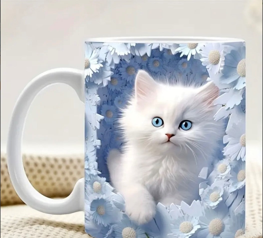 3D Cat Hole in Wall Coffee Mug Tea Cup with Handle Flowers Theme Gift Reusable