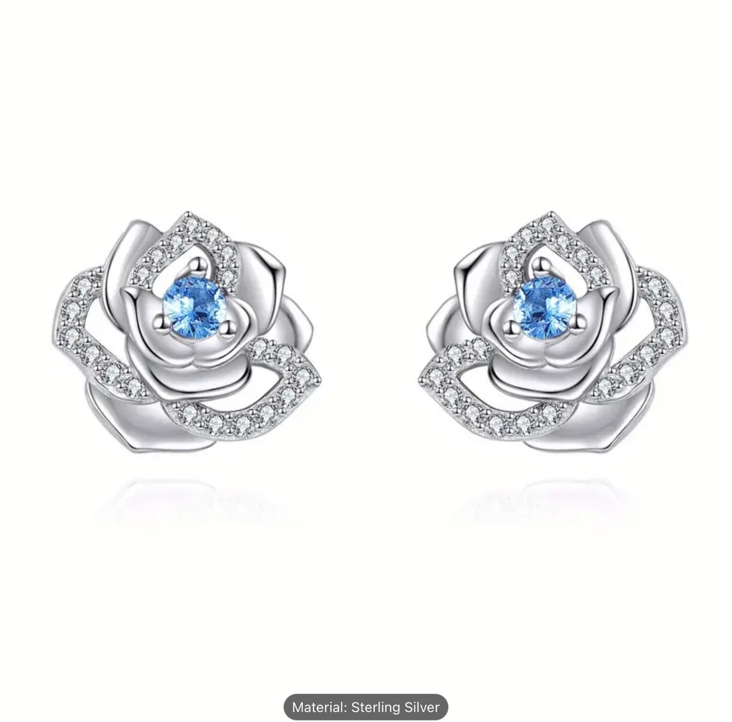 Sterling Silver Rose Earrings Stud Cubic Zirconia Women Romantic Gift Jewellery