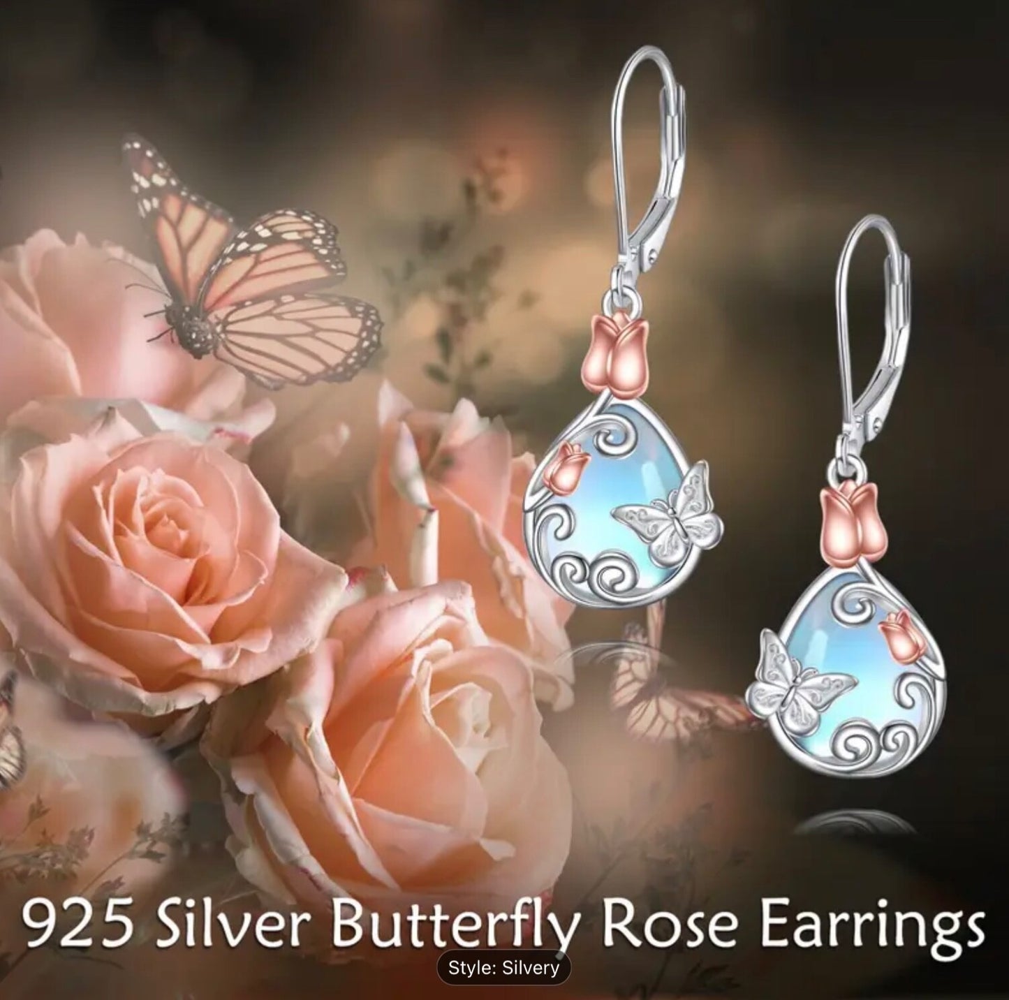 925 Sterling Silver Butterfly Leverback Moonstone Dangle Earrings Women Gift Set