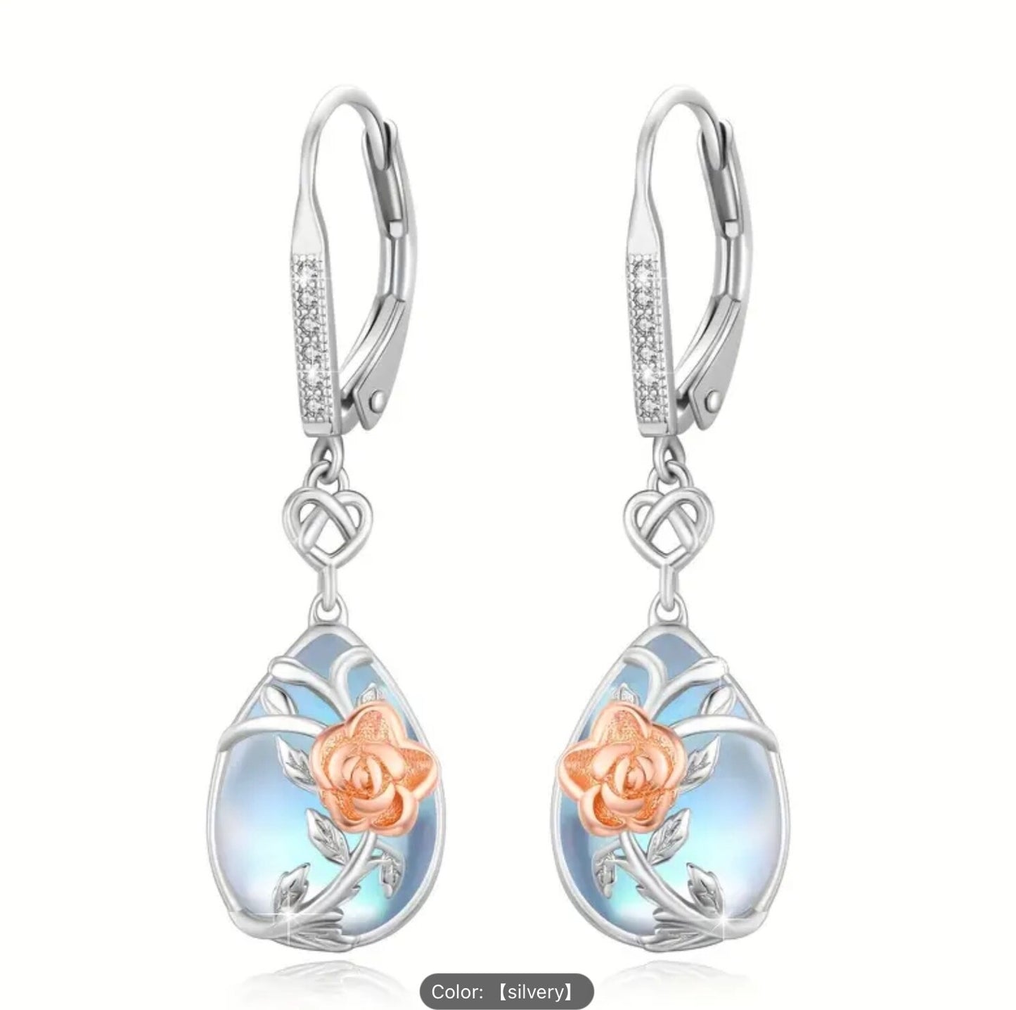 925 Silver Rose Moonstone Teardrop CZ Dangle Earrings–Women Hypoallergenic Gift