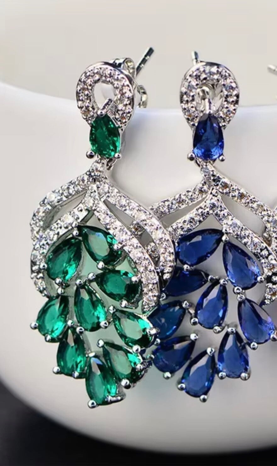 Handmade Grape Flower Drop Earrings 3.5cm Blue Green Cubic Zirconia Bridal Women