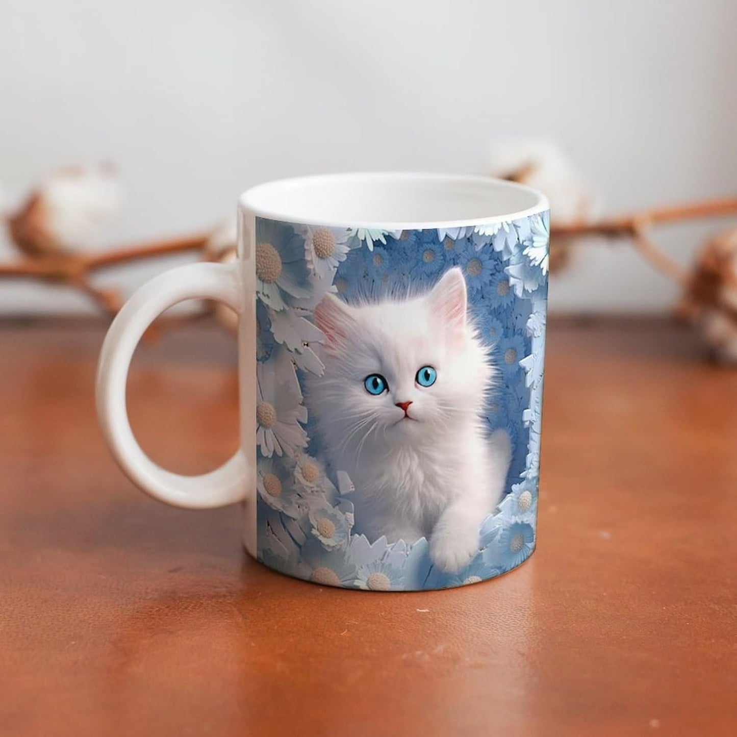 3D Cat Hole in Wall Coffee Mug Tea Cup with Handle Flowers Theme Gift Reusable