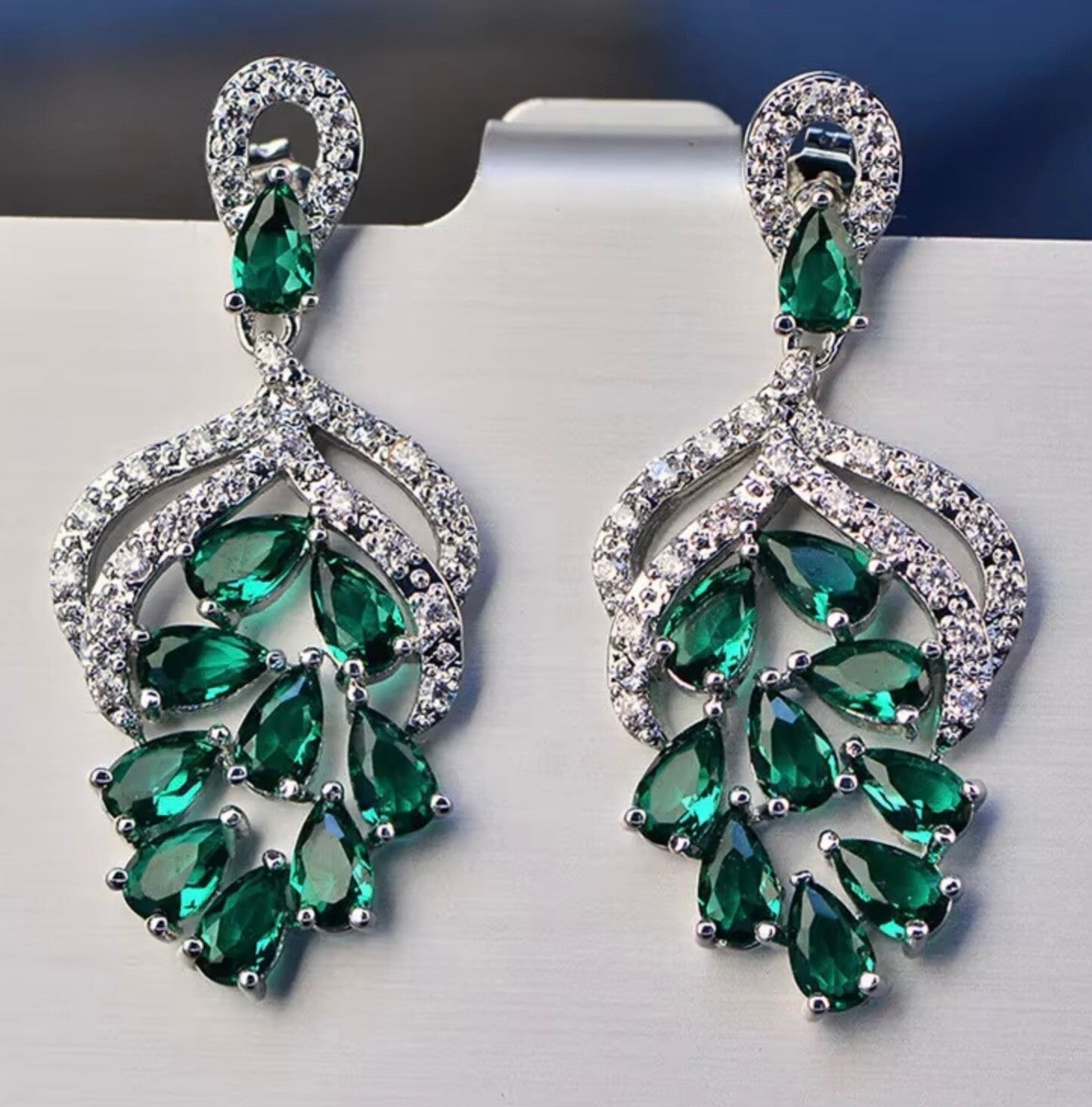 Handmade Grape Flower Drop Earrings 3.5cm Blue Green Cubic Zirconia Bridal Women