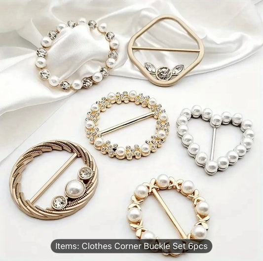 6 Women Girls Metal Scarf Clips & Brooches Crystal Pearl Rhinestone Buckle Gift